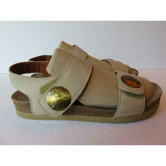 Taos Sandal Tan Nubuck Cork Sz 9-9.5/40 #5246 Flat Ankle 2 Strap Slingback - Picture 5 of 10